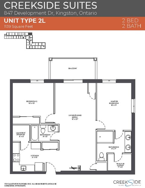 Floor plan for 2 beds, 2 baths, 1139 sqft